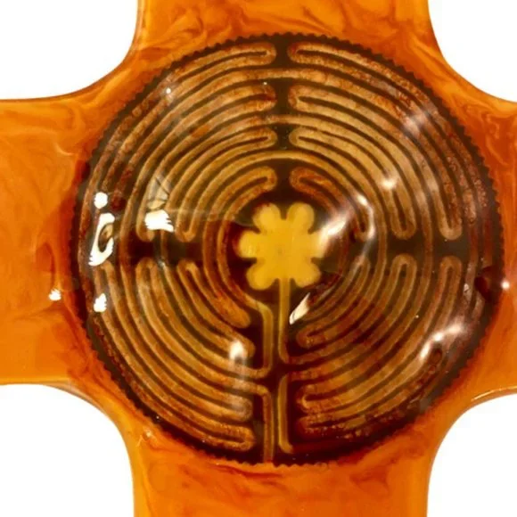 Fused Art Glass Cross Handmade Carmel Color Center Flower Wall Decor Gallery - Picture 2 of 3